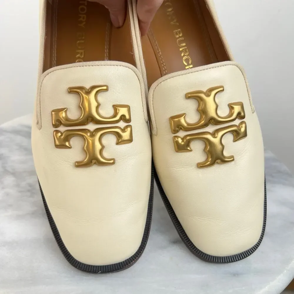 Tory Burch Eleanor Logo Block Heeled Shoes Ivory Leather Slip In Loafer (Sz 8.5)
